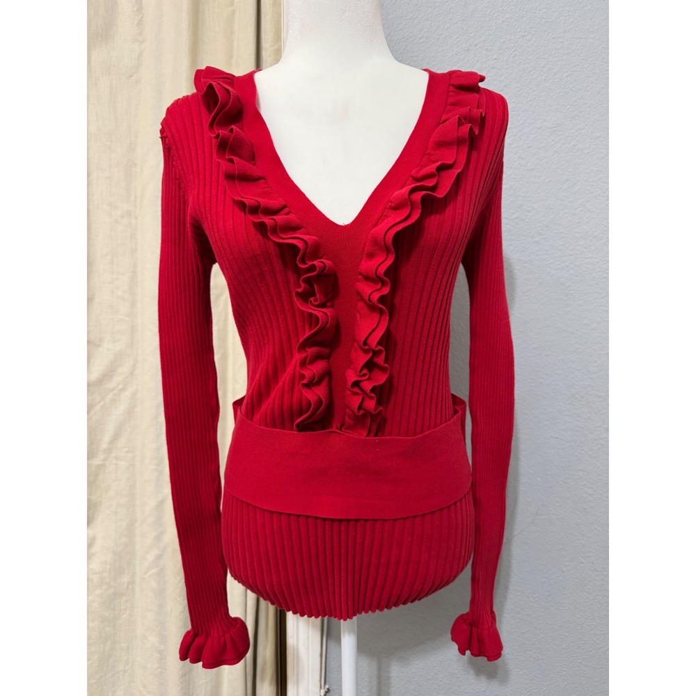 Y2K Red Ruffled Ribbed Knit Sweater M V-Neck Banded Waist Long Sleeve Top Womens